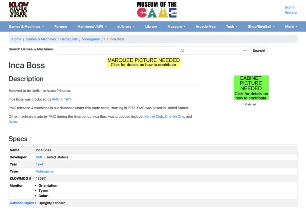 Arcade Museum - KLOV - Inca Index Page Arcade Museum - KLOV - Inca Index Page